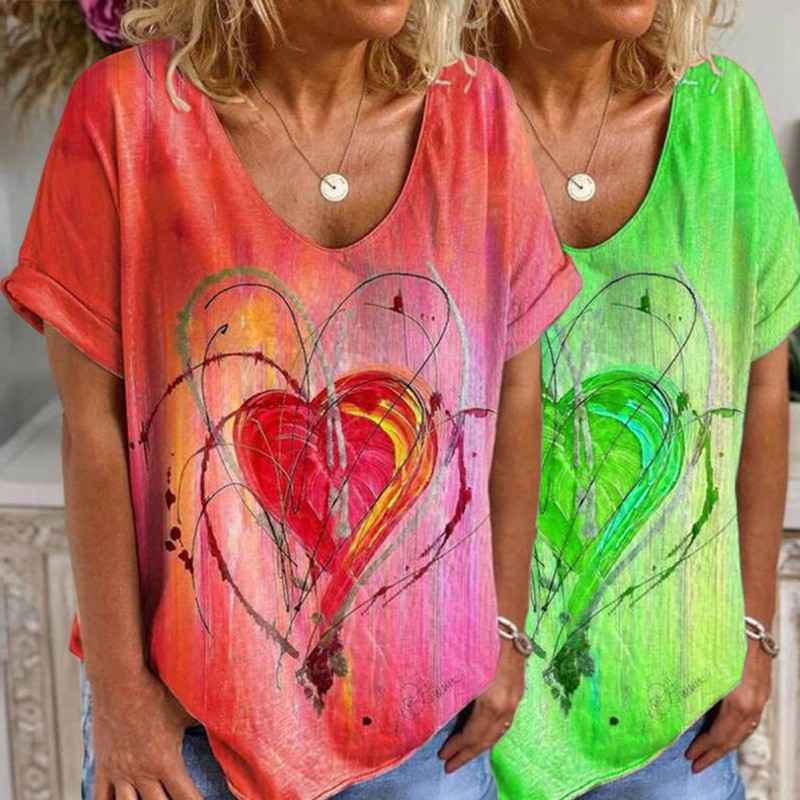 T-shirt Ample Décontracté à Manches Courtes Motif Cœur Graffiti