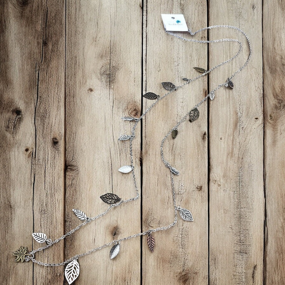 Scattered Leaf Necklace – Long Layering Chain with Cascading Silver & Mixed Metal Leaves