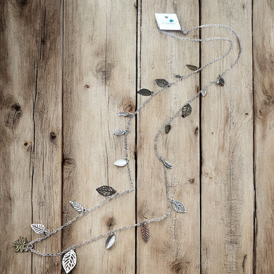Scattered Leaf Necklace – Long Layering Chain with Cascading Silver & Mixed Metal Leaves