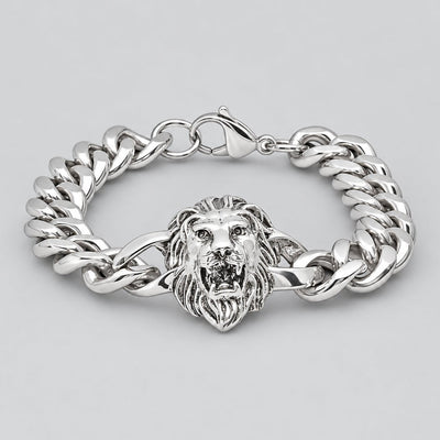 Bracelet Cubain Audacieux en Acier Inoxydable avec Tête de Lion pour Homme