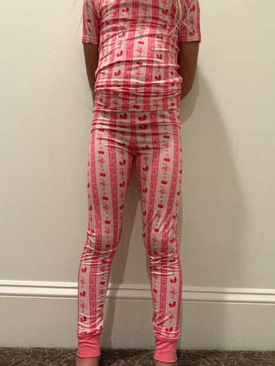Pantalon de pyjama rose pour enfants avec nœuds fraises et cerises