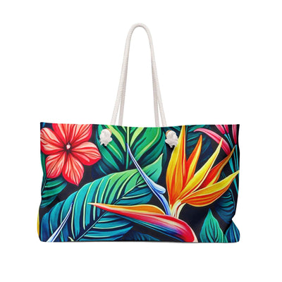 Tropical Hibiscus Floral Weekender Bag | Bird of Paradise Leaves, Large Tote Bag