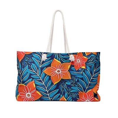 Orange Floral Pattern Weekender Bag | Tropical Blue Leaves | Large Tote Bag