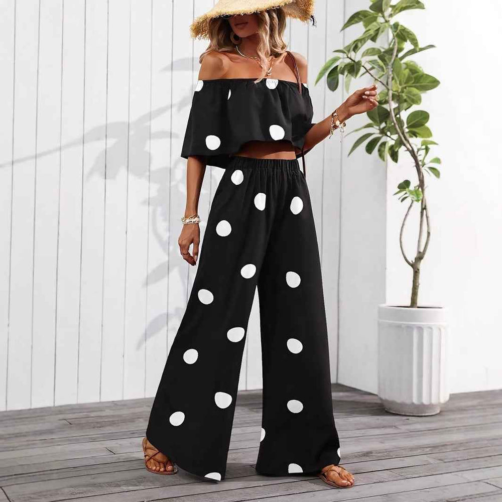 Womens Elegant Resort Polka-Dot Tube Top And Pants Set