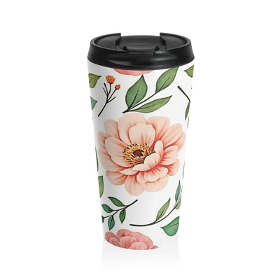 Tasse de voyage en acier inoxydable à motif floral pêche | Feuilles botaniques