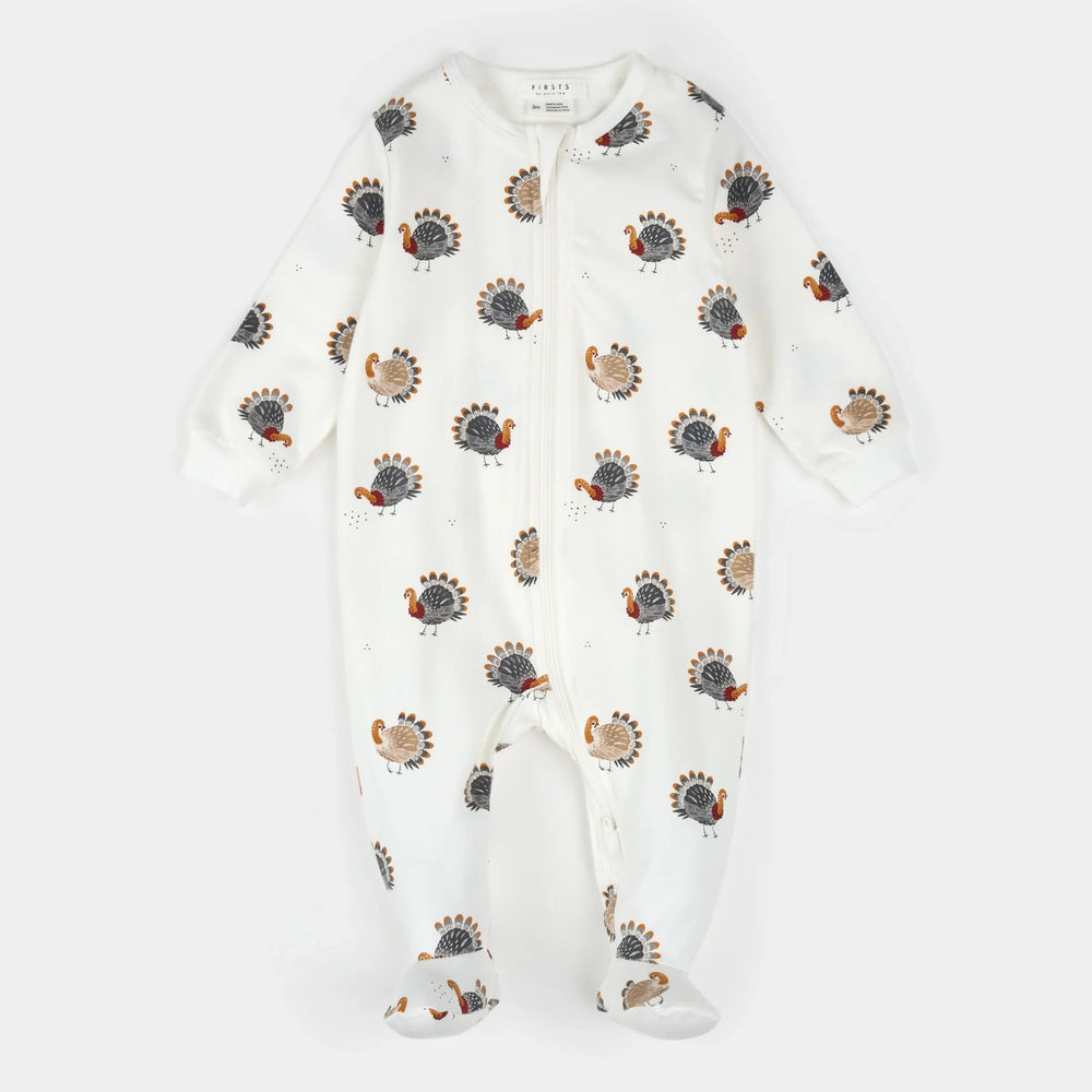 Combinaison-pajamas avec pieds | Impression de dindons sur blanc cassé | Petit Lem