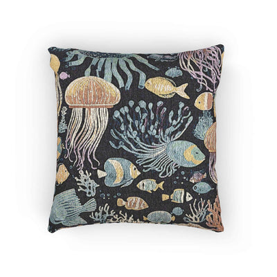Underwater Jellyfish and Fish Woven Pillow | Ocean Reef Tapestry Cushion