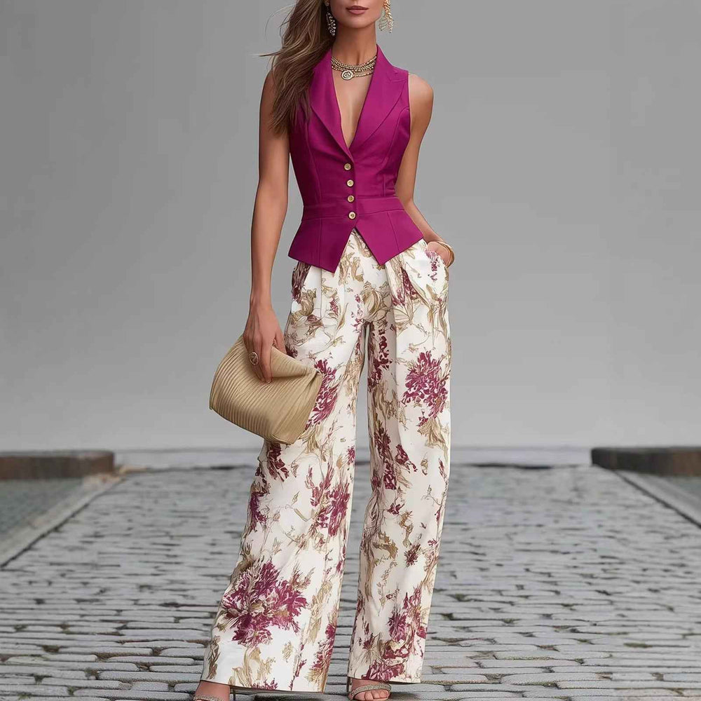 Elegant Buttoned Vest Top And Summer Slimming Wide-leg Pants Two-piece Set For Women