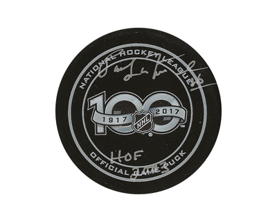 Palet de match officiel du 100e anniversaire de la LNH autographié par Pat Lafontaine, avec l'inscription "HHOF 2003"