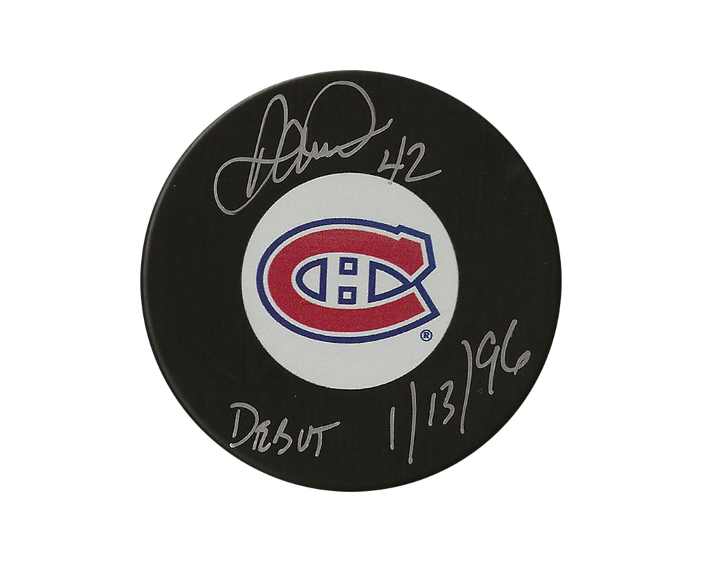 Palet de hockey Darcy Tucker, autographié, modèle des Canadiens de Montréal, dédicacé « Debut 1/13/96 »