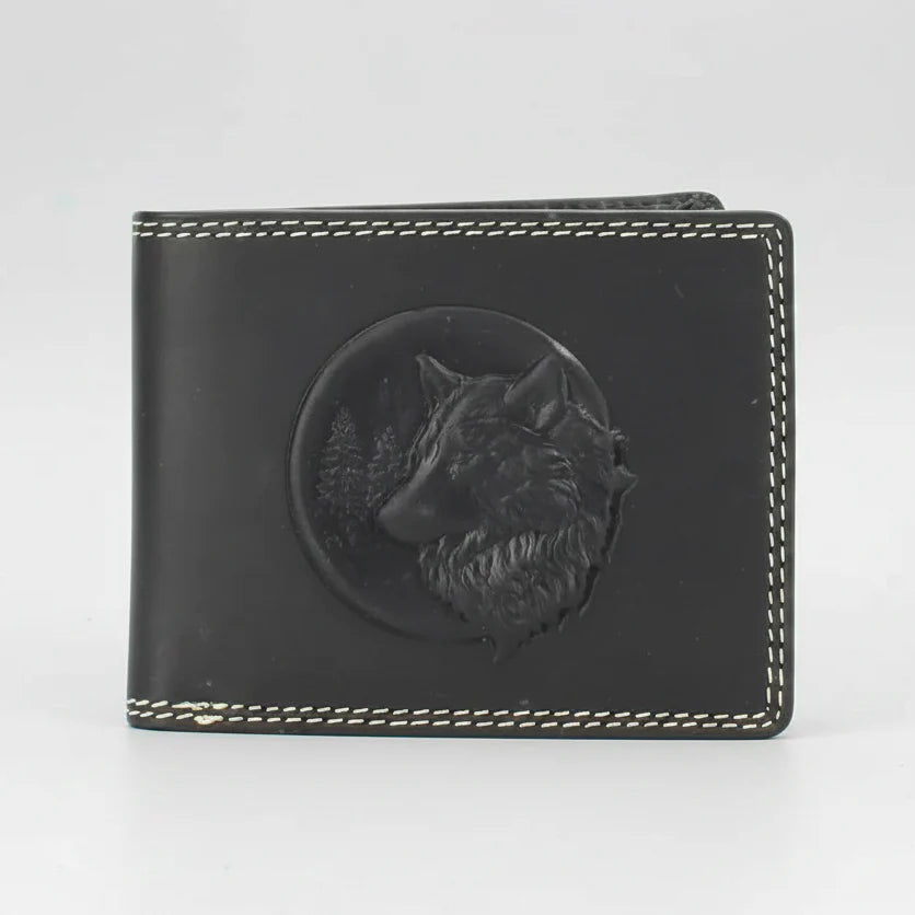 Men’s Cow Leather Wolf Embossed Bifold Wallet