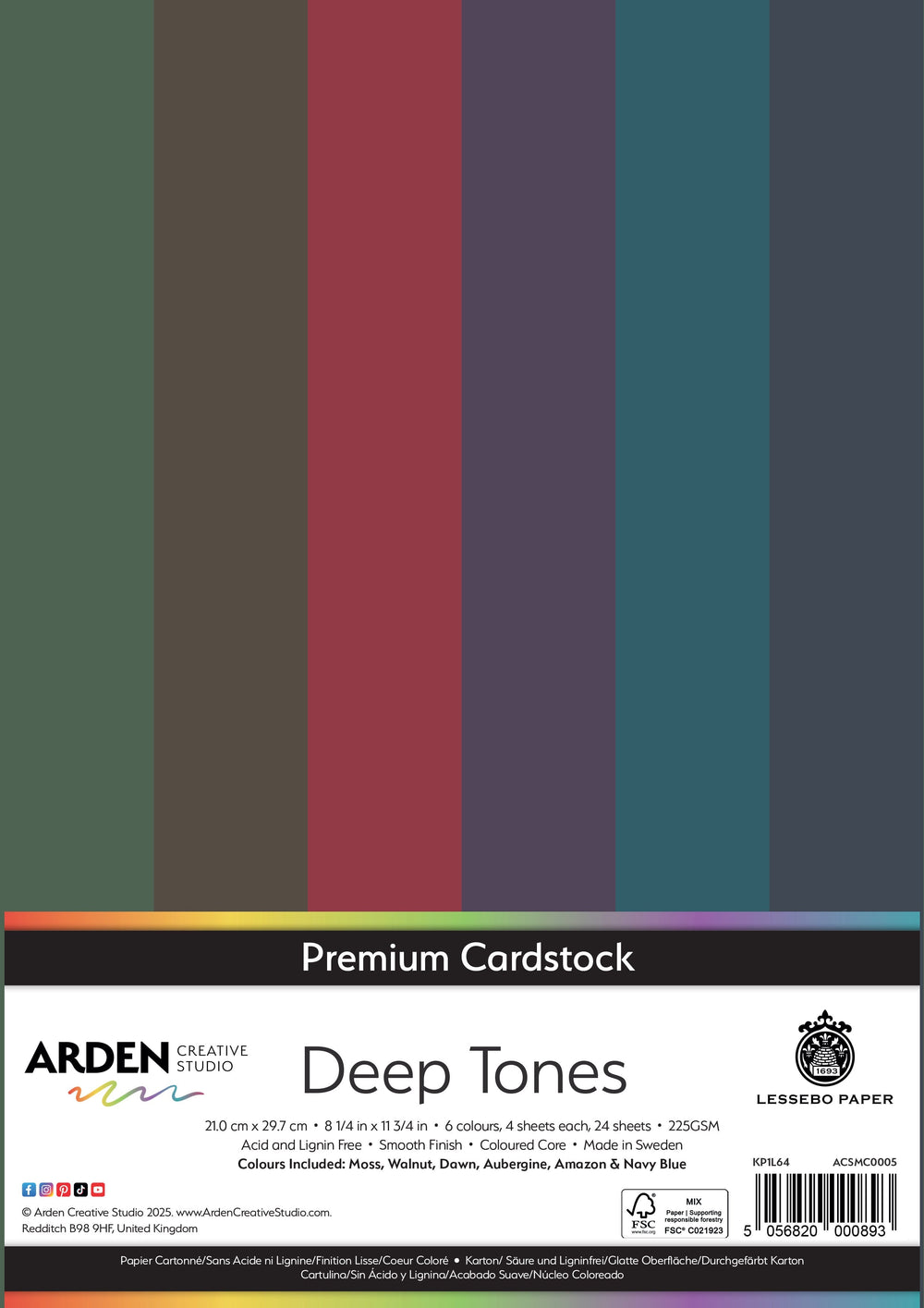 Arden Creative Studio Papier cartonné de qualité supérieure Teintes profondes A4 225 g/m² Lot de 24