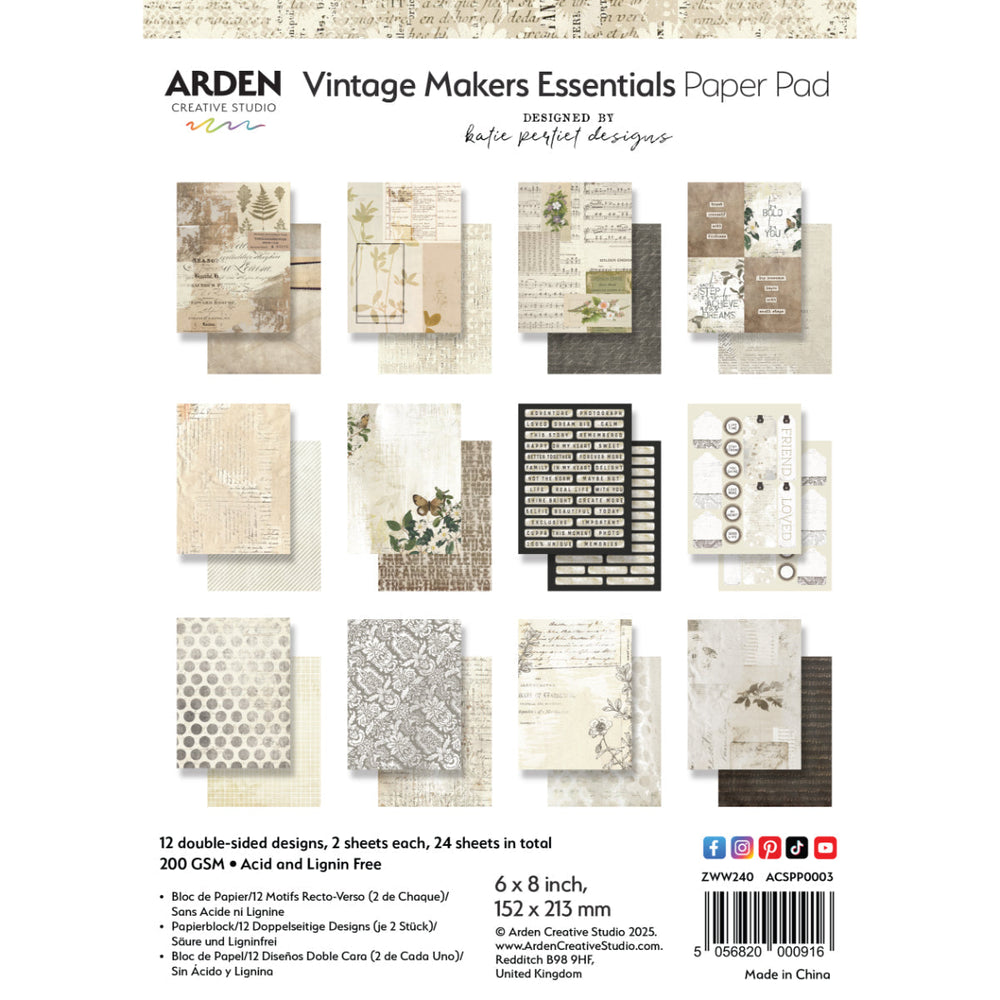 Arden Creative Studio Blocs de Papier Essentiels Créateurs Vintage 15,2 cm x 20,3 cm