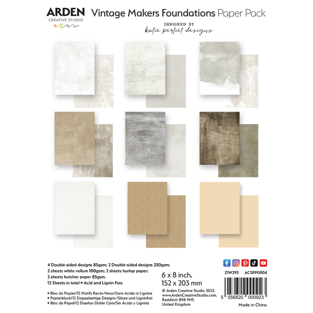 Arden Creative Studio Lot de papiers « Vintage Makers Foundations » 15,24 cm x 20,32 cm