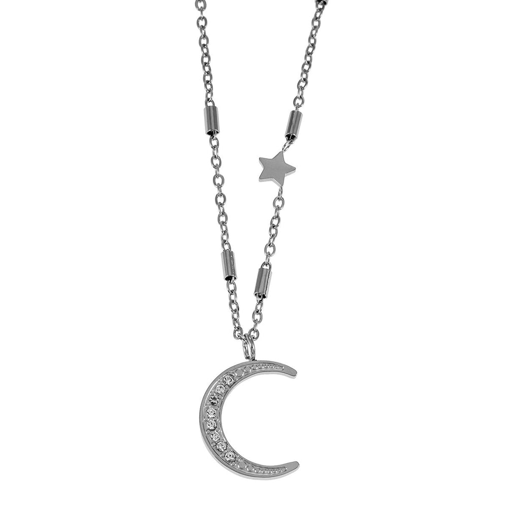 ALMERIA Argent (Or Blanc) : Magie Céleste - Collier Lune Croissante et Étoile Incrustées de Zircon