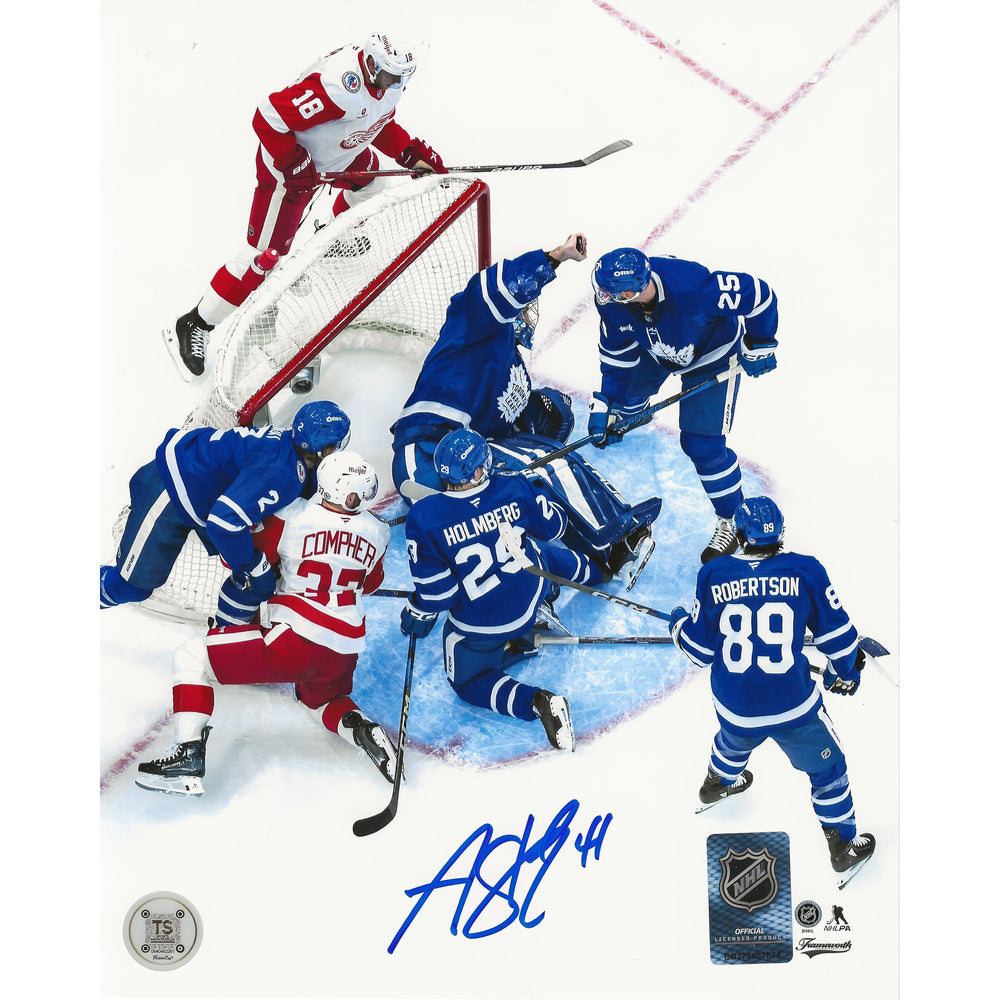 Photo 8x10 de l'arrêt à main nue d'Anthony Stolarz autographiée par les Maple Leafs de Toronto
