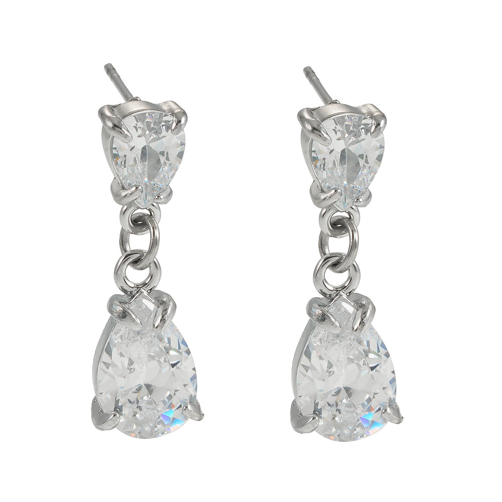 AYER : Boucles d'oreilles pendantes Radiance Duo Zirconia (CZ) en or blanc argenté
