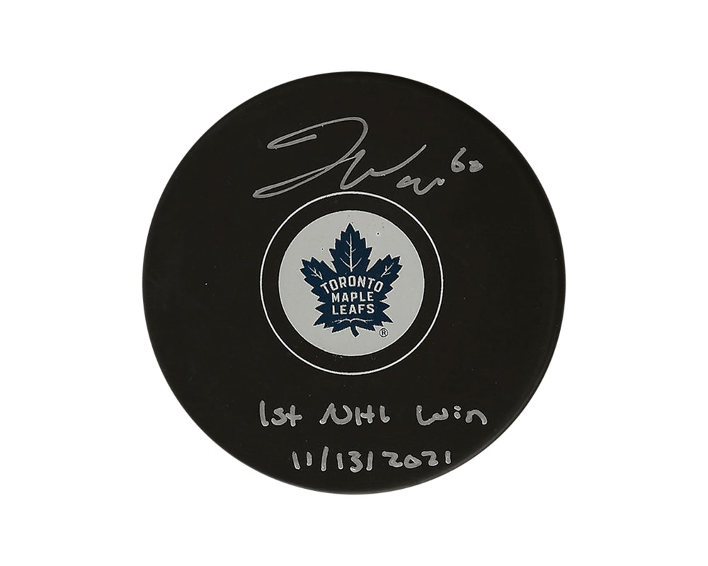 Palet Joseph Woll autographié des Maple Leafs de Toronto, modèle autographe, avec l'inscription « 1st NHL Win 11/13/2021 »