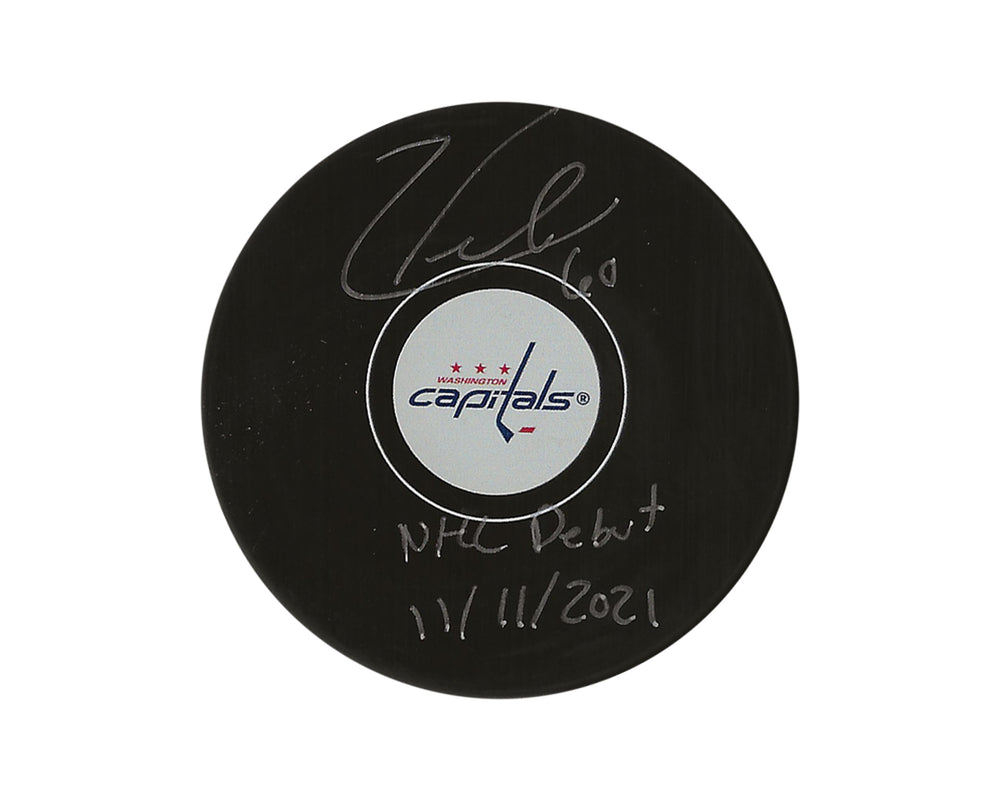 Rondelle de hockey modèle autographiée des Capitals de Washington de Zach Fucale, dédicacée « NHL Debut 11/11/2021 »