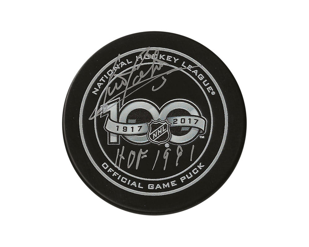 Denis Potvin Palet de match officiel NHL 100e anniversaire autographié, gravé "HHOF 1991"
