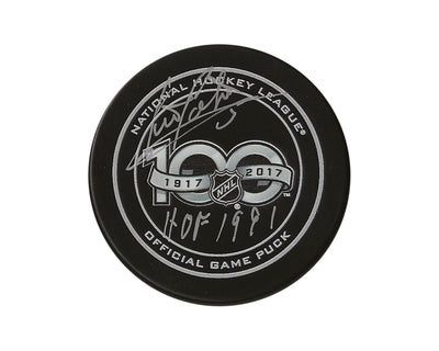 Denis Potvin Palet de match officiel NHL 100e anniversaire autographié, gravé "HHOF 1991"