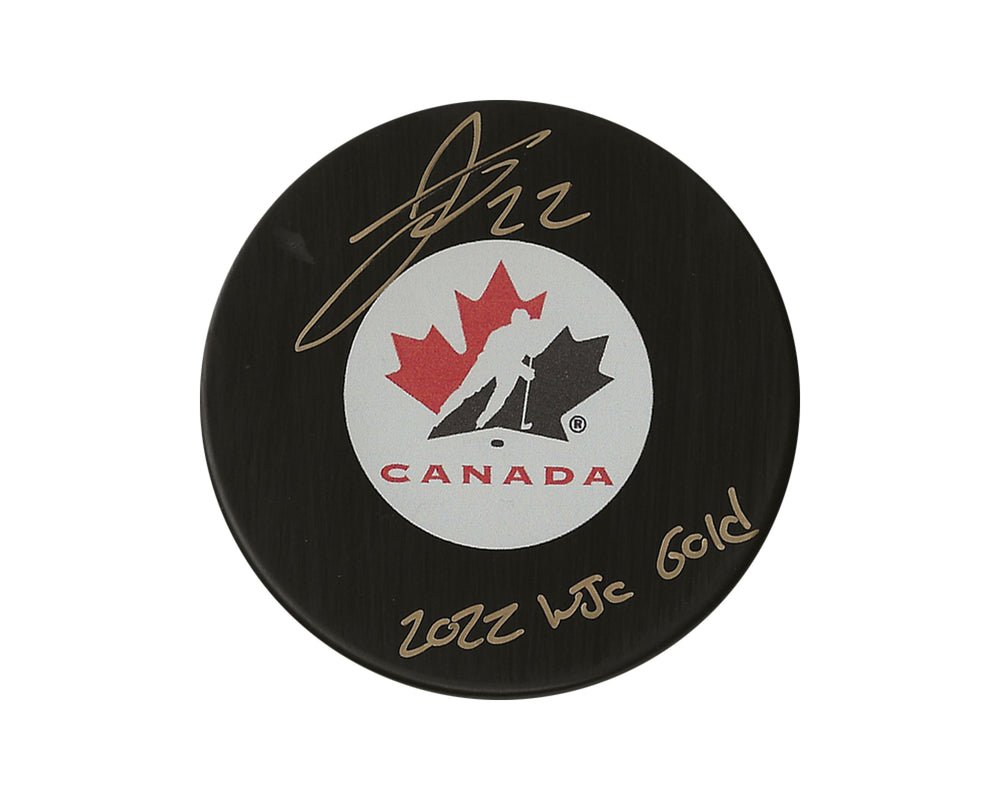 Palet de hockey autographié Jack Thompson Équipe Canada Modèle autographe gravé « Or CMJ 2022 »