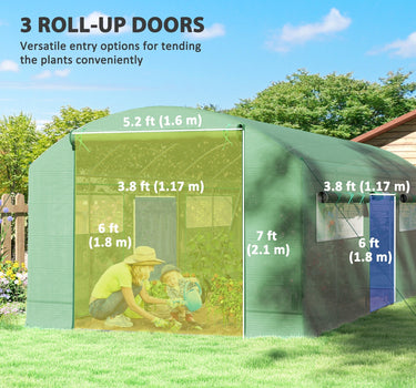 Outsunny 19.5' x 10' x 7.5' Walk-in Tunnel Greenhouse with 3 Roll-Up Doors and Large Mesh Windows, Outdoor Green House, Plant Hot House Tent with Galvanized Steel Frame, Green