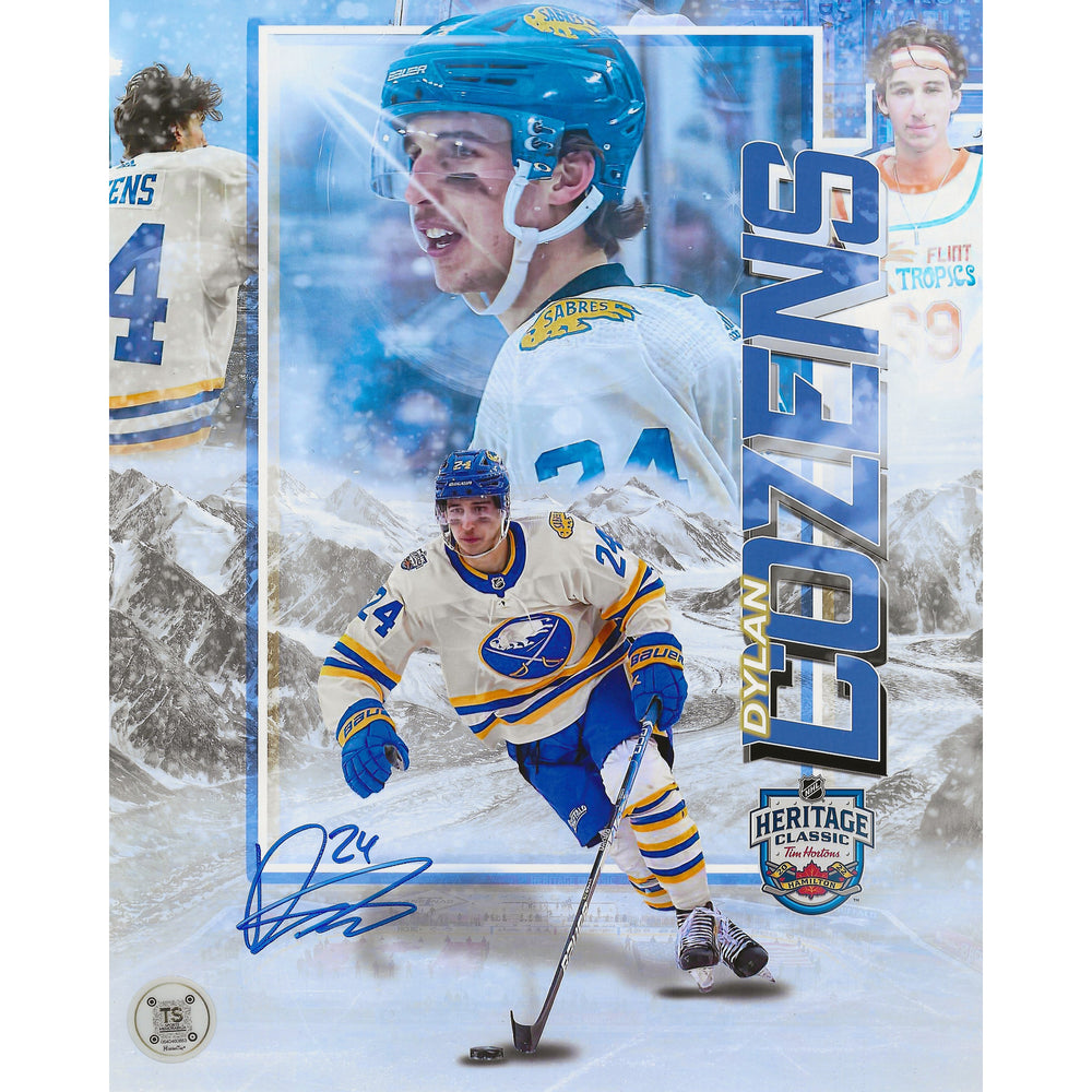 Photo 8x10 de Dylan Cozens, signée, Buffalo Sabres, illustration Heritage Classic 2022