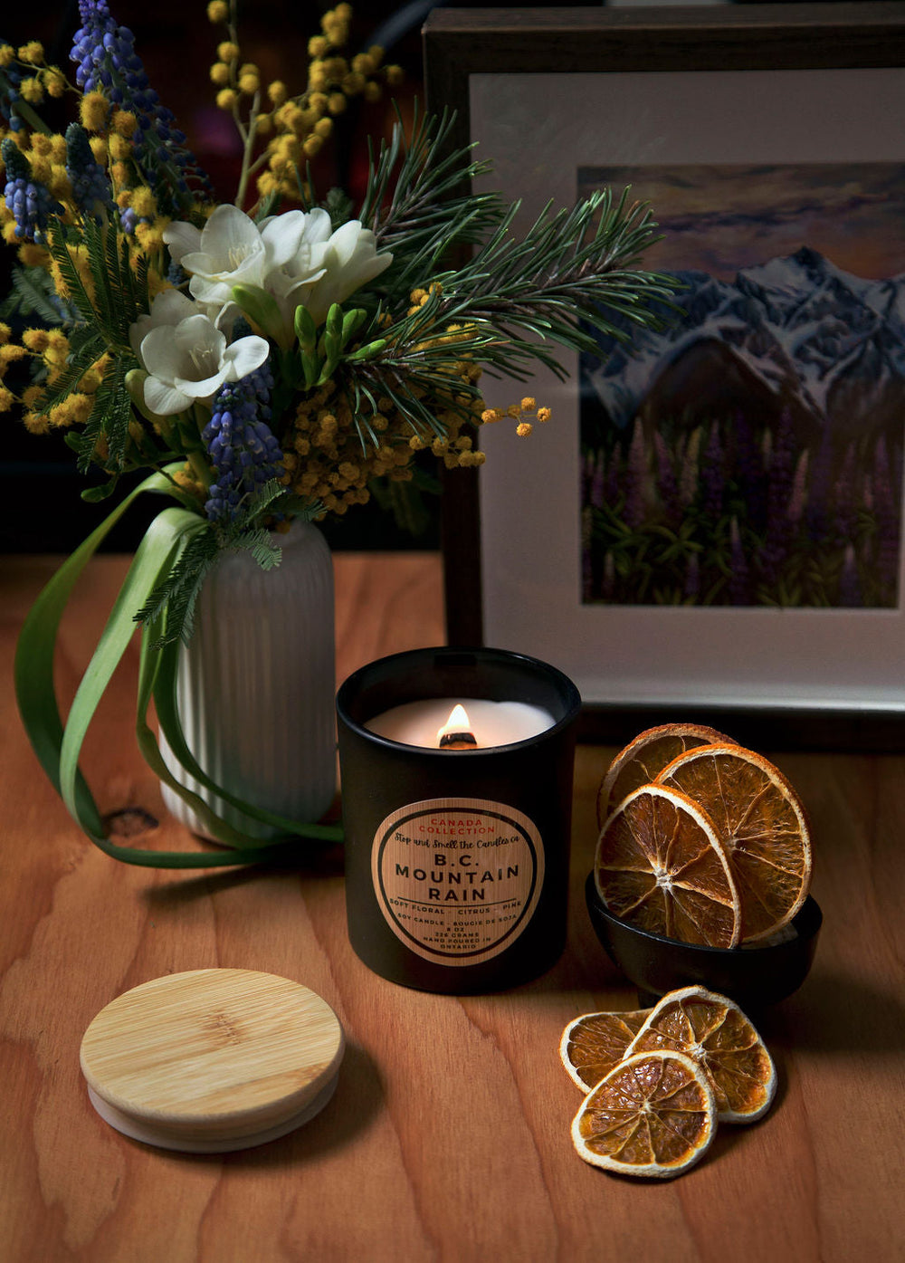 Pluie de montagne (C.-B.) : bougie de soya avec mèche en bois, 8 oz