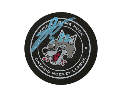 Puck de match officiel des Wolves de Sudbury autographié par Jack Thompson
