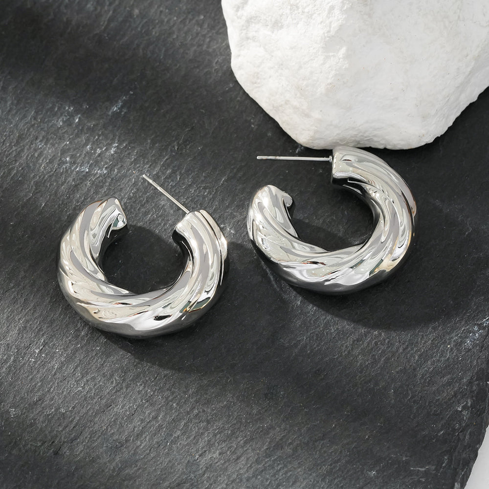 BEAUFORT Silver Toned (White Gold): Abstract-Chic Chunky Look Hoop Earrings – Modern Elegance Redefined