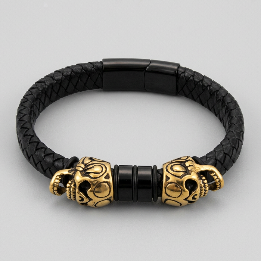 BOL Men's Braided Leather Skull Charm Bracelet