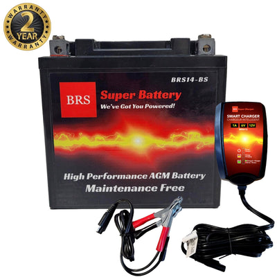 Kit groupé de batterie PowerSports AGM étanche 12 V haute performance BRS14-BS, garantie de 2 ans et chargeur/mainteneur intelligent