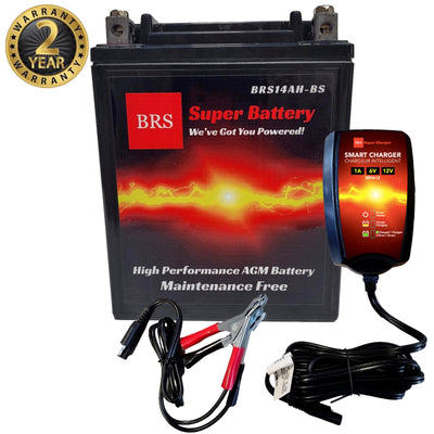 Batterie PowerSports AGM scellée 12 V haute performance BRS14AH-BS avec garantie de 2 ans et chargeur/mainteneur intelligent