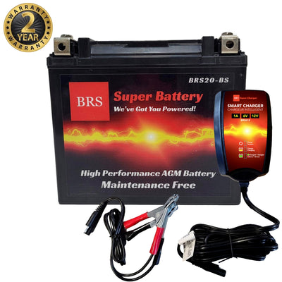 Batterie PowerSports 12 V AGM scellée haute performance BRS20-BS, garantie 2 ans et chargeur/mainteneur intelligent – Kit combiné