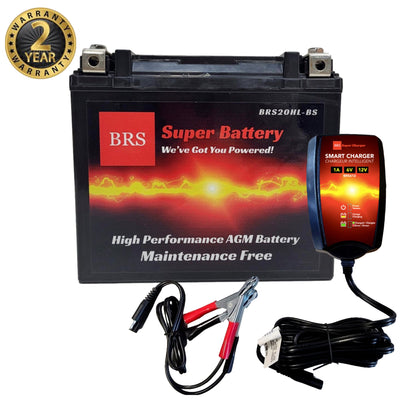 Batterie PowerSports AGM scellée haute performance BRS20HL-BS 12 V avec garantie de 2 ans et ensemble chargeur/mainteneur intelligent