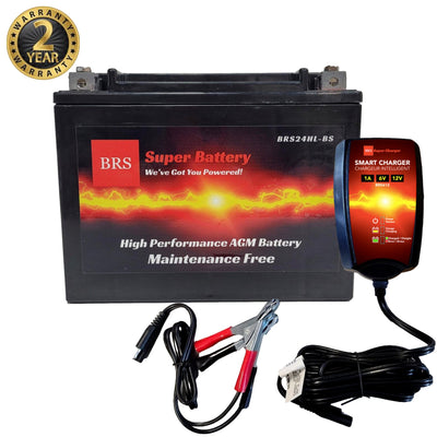 Kit combo batterie PowerSports 12 V AGM étanche haute performance BRS24HL-BS avec garantie de 2 ans et chargeur / mainteneur intelligent