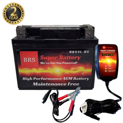 Kit Combo Haute Performance BRS4L-BS avec Garantie de 2 Ans, Chargeur Intelligent et Mainteneur – Batterie AGM Scellée 12 V pour Sports Motorisés