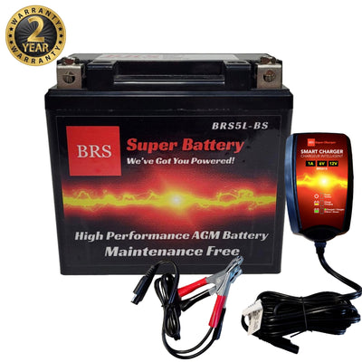 Batterie 12V scellée AGM PowerSports haute performance BRS5L-BS BS avec garantie de 2 ans et chargeur/mainteneur intelligent
