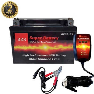 Batterie PowerSports étanche AGM 12 V haute performance BRS9-BS avec garantie de 2 ans et chargeur/mainteneur intelligent en kit combiné
