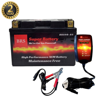 Kit combiné batterie PowerSports 12 V AGM scellée haute performance BRS9B-BS, garantie 2 ans et chargeur/mainteneur intelligent