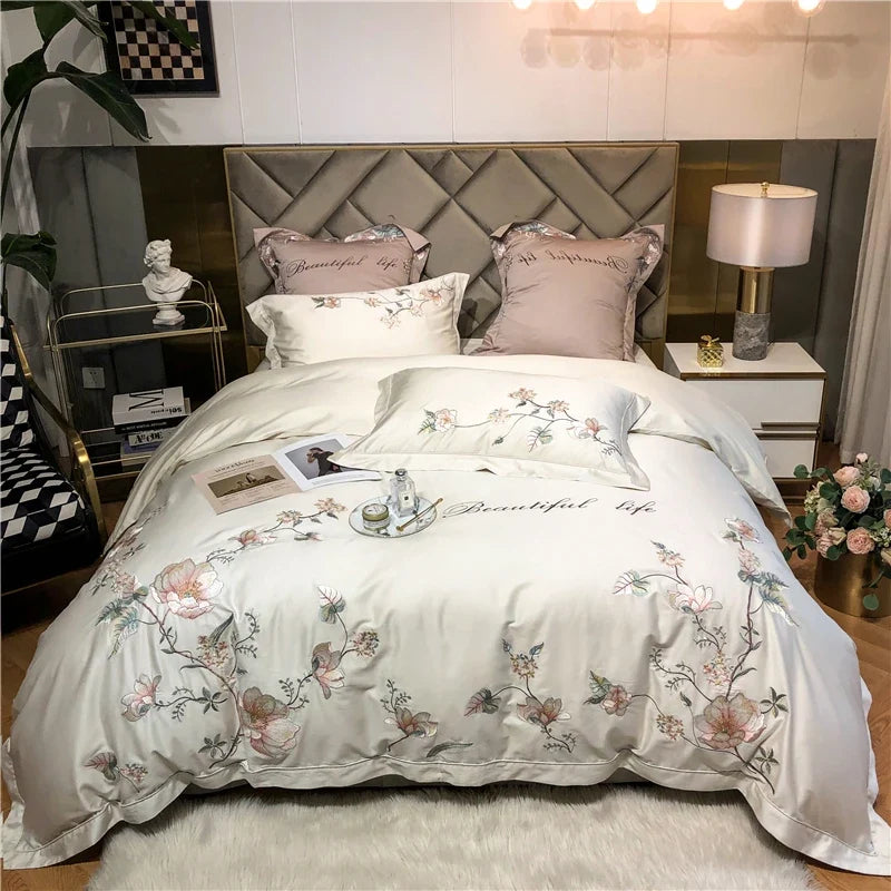 Ensemble de couette Belle Maison en coton égyptien brodé 1000 fils - Ivoire
