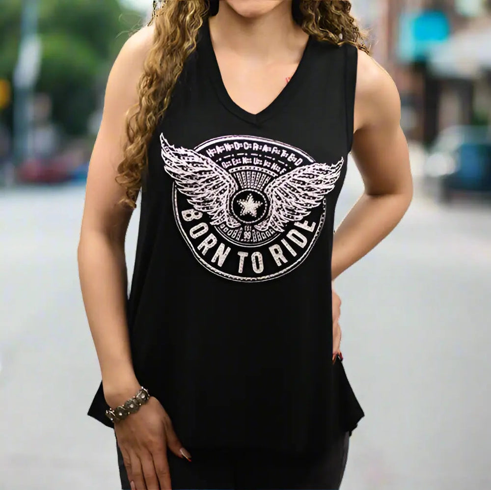 Débardeur Born to Ride avec motif étoile et ailes et détails en dentelle au dos