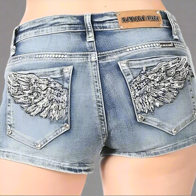 Shorts en jean Bus Stop ornés de strass et d'ailes d'ange pour femme