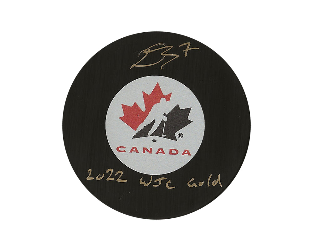 Palet de hockey autographe de Donovan Sebrango de l'équipe Canada, modèle autographié, avec l'inscription « 2022 WJC Gold »