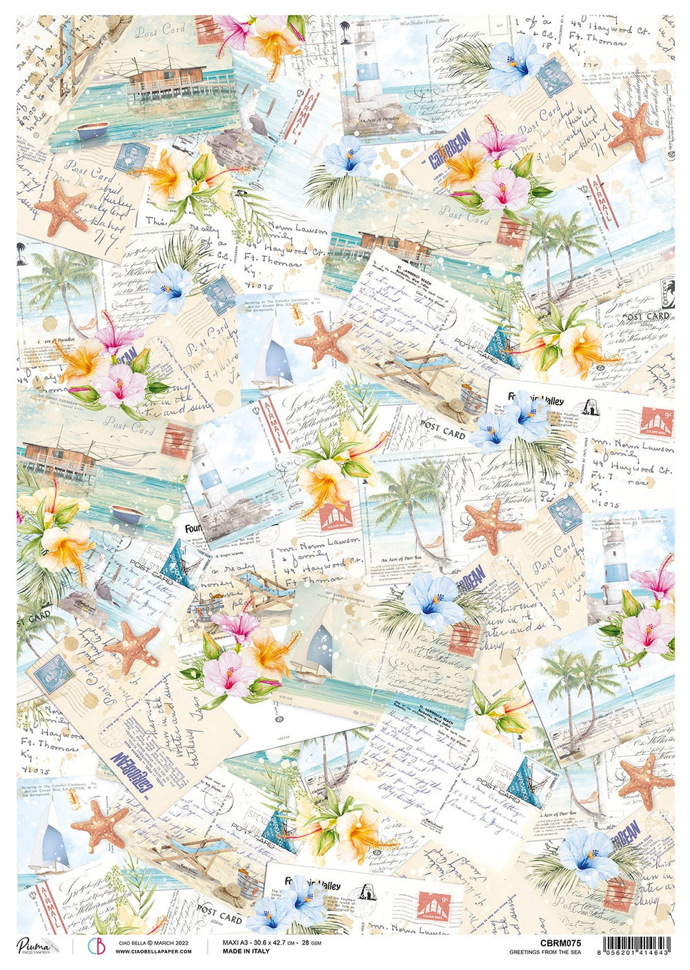 Ciao Bella Papier de Riz A3 Piuma Greetings From The Sea - 3 Feuilles