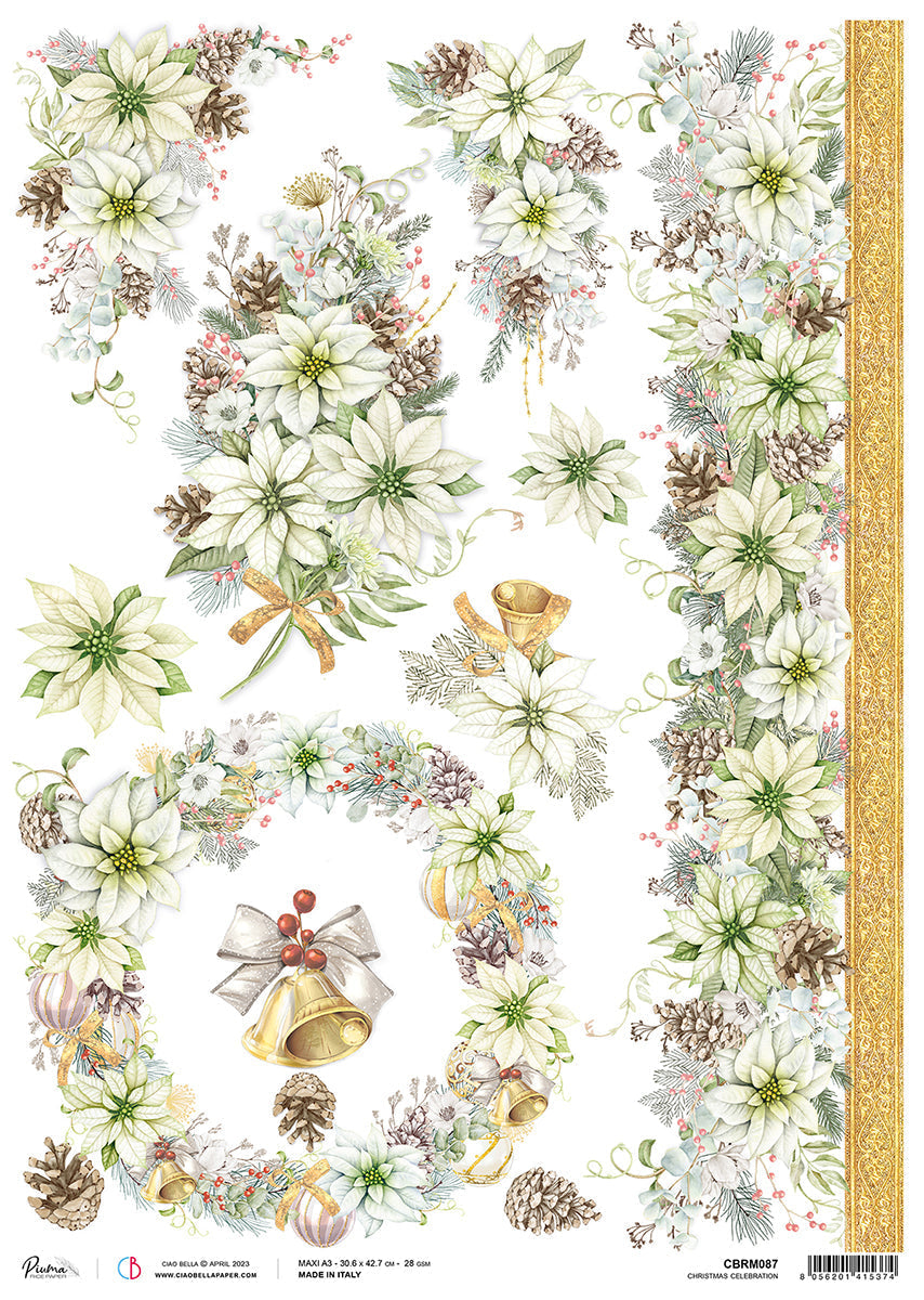 Ciao Bella Rice Paper A3 Piuma Christmas Celebration - 3 Sheets — Ecstasy Crafts