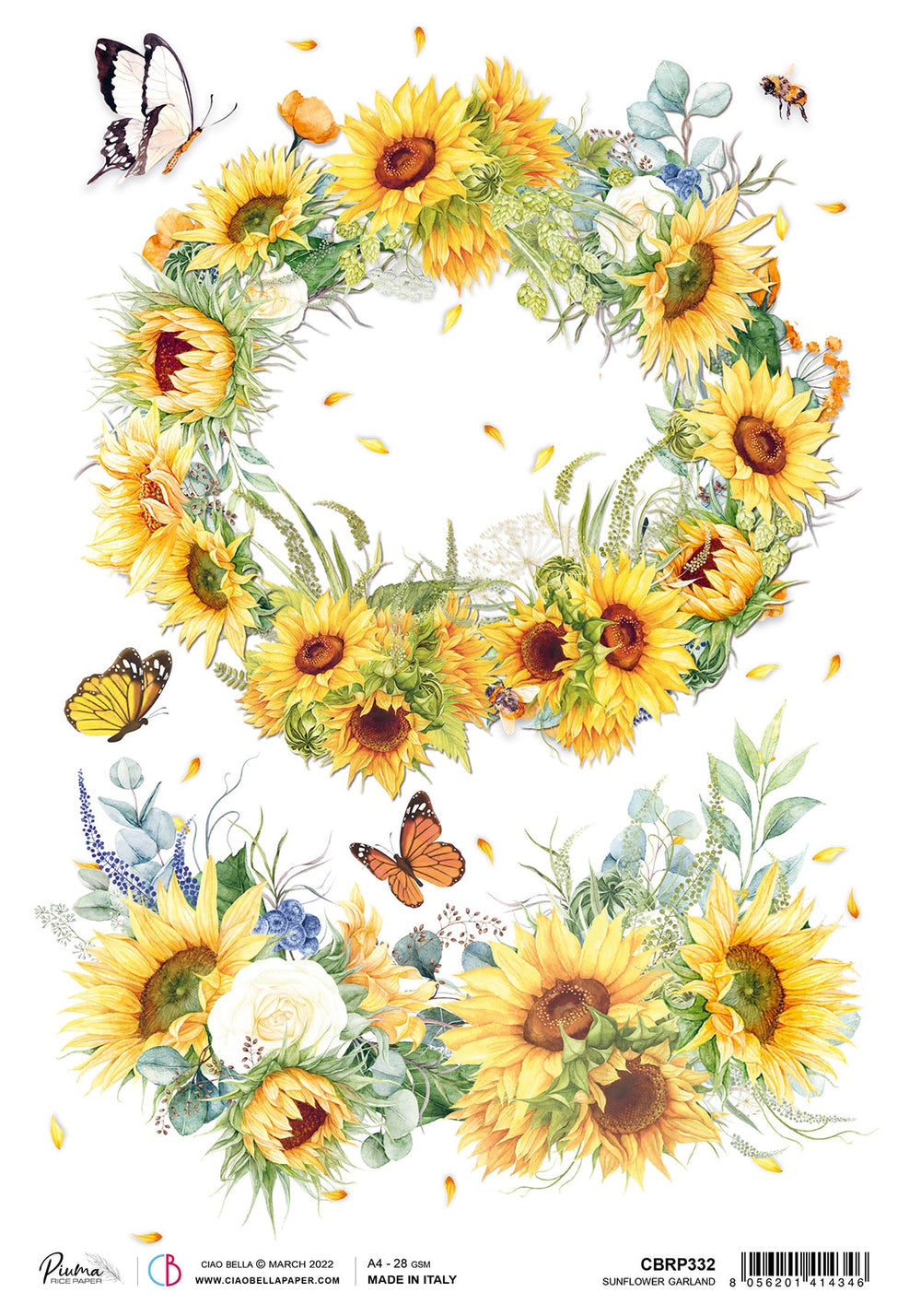Ciao Bella Papier de Riz A4 Piuma Guirlande de Tournesols - 5 Feuilles