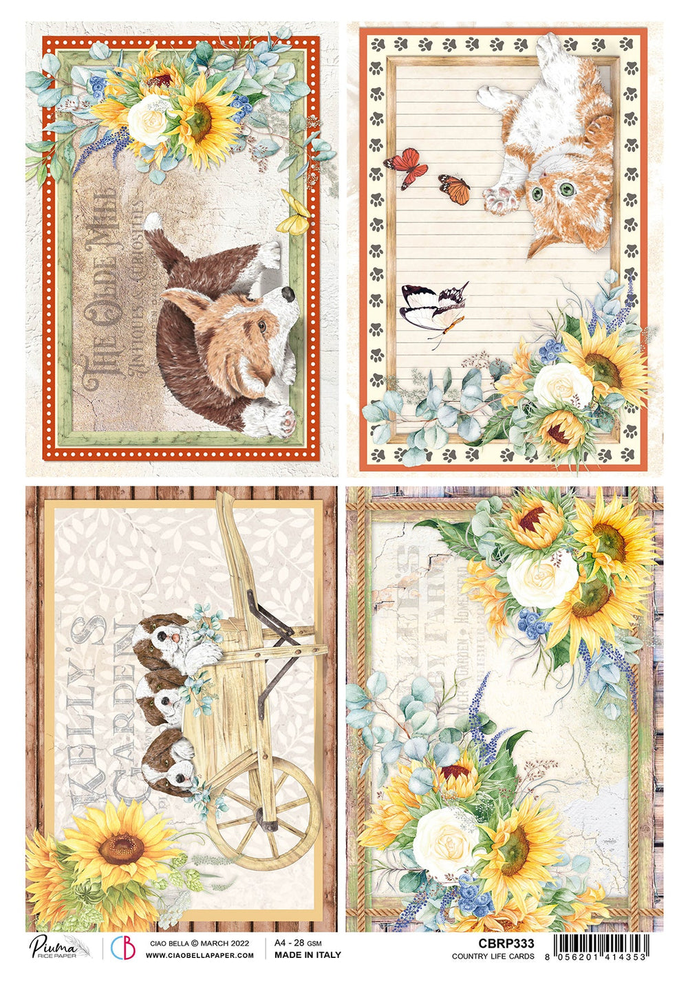 Ciao Bella Rice Paper A4 Piuma Country Life Cards - 5 Sheets — Ecstasy Crafts