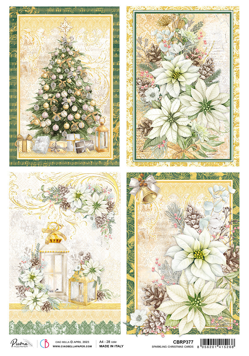 Ciao Bella Papier de Riz A4 Cartes de Noël Scintillantes Piuma - 5 Feuilles